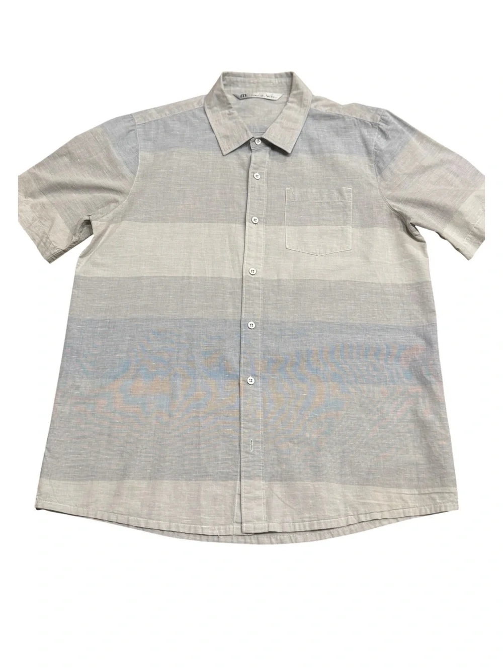 TravisMathew Men’s Short-Sleeve Casual Button-Down Shirt (Grey/Blue, Size L)